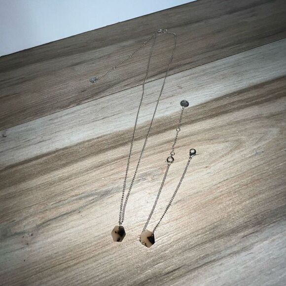 Tortoise Hexagon Necklace And Bracelet/Anklet Set Brown And Silver Tone Classic - Picture 1 of 5